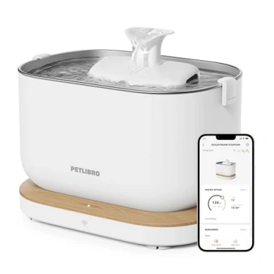 Image of PETLIBRO App Monitoring Cat Water Fountain, Dockstream Smart Wi Fi 84oz/2.5L Pet Dispenser, Intake &amp; Hydration Goal Tracking, Wired Power Supply (White, Corded)