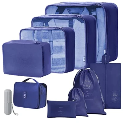 Image of Packing Cubes for Suitcase, Toifucos 10pcs/set Travel Luggage Organizers Waterproof Compression Suitcase Bag Essential (Navy Blue)