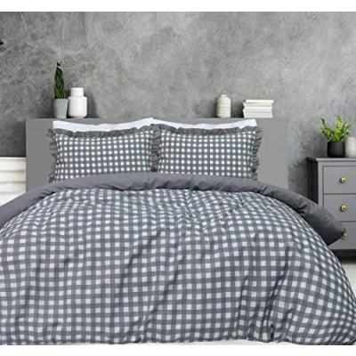Image of Sleepdown Gingham Check Grey Plain Reverse Soft Easy Care Duvet Cover Quilt Bedding Set With Ruffle Edge Pillowcase Single (135cm x 200cm)