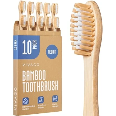 Image of VIVAGO Bamboo Toothbrushes Medium Bristles 10 Pack BPA Free for Adults Eco Friendly, Compostable &amp; Biodegradable Toothbrush Natural Wooden