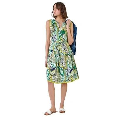 Image of Roman Originals Leaf Print Tiered Woven Dress for Women UK Ladies Everyday Holiday Spring Summer V Neckline Comfy Soft Evening Vacation Work Party Lime Size 18