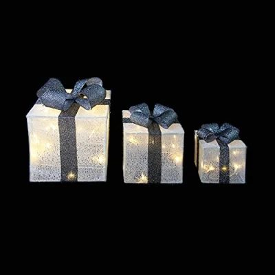 Image of Snowtime Set Of 3 Parcels White &amp; Grey With LEDs