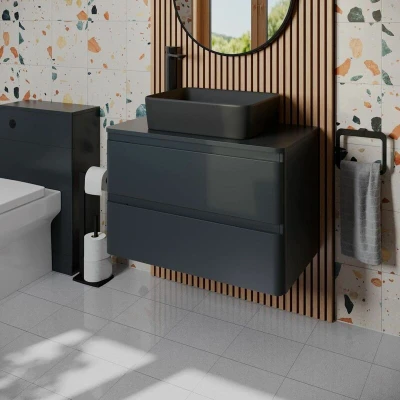 Image of Regis Forma Anthracite Grey Wall Hung Vanity Unit &amp; Affine Croix Matt Black Countertop Basin 800mm