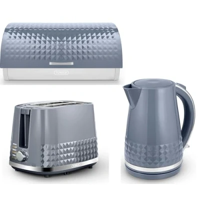 Image of TOWER Solitaire 1.5L 3KW Jug Kettle, 2 Slice Toaster &amp; Bread Bin Matching Set. Stainless Steel Design Coated with a Sleek Grey Colour. Stylish Embossed Diamond Pattern