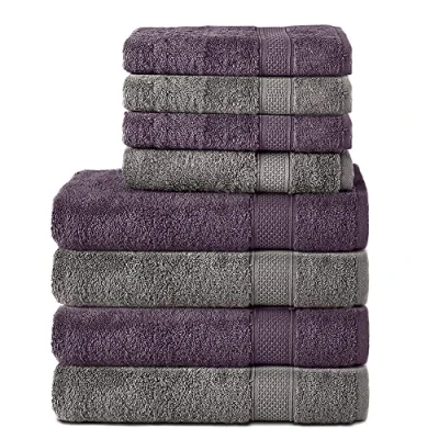 Image of Komfortec Set of 8 Hand Towels 100% Cotton, 4 Bath 70 x 140 cm and 50 100 cm, Terry Clothing, Soft, Large, Anthracite Grey/Purple