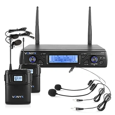 Image of VONYX WM62B 2 Channel UHF Wireless Headset Microphone and Lapel System Selectable Frequencies, Includes XLR 6.3mm Outputs, System, Mic