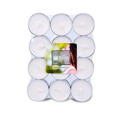 Image of Müller Scented Tealight Candles Scent: Anti Tobacco Pack of 24 Colored Tea Lights 4 Hours Long Burning Small White Dripless Wax 39 x 15 mm Made in Germany RAL Quality