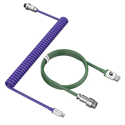Image of MAMBASNAKE C01 Coiled Keyboard Cable, Pro Custom USB C Aviator Cable for Mechanical Keyboard, Type to A,TPU Spring with Detachable Metal Aviation Connector Gaming Purple/Green