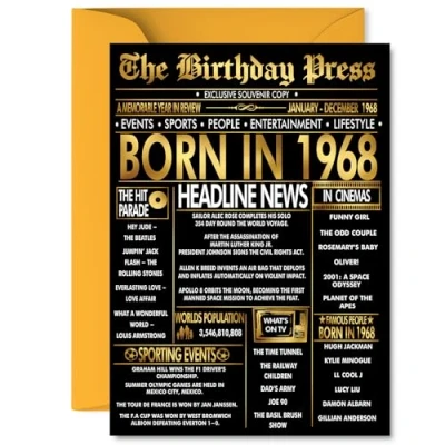 Image of Gold 57th Birthday Card for Men Women Black &amp; Golden Newspaper Born in 1968 Happy 57 Cards Uncle Dad Auntie Nan Colleague Wife, 5x7 Inch Bday Greeting