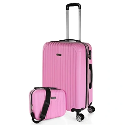Image of ITACA Set Cabin Suitcase and Beauty Case. ABS. Hand Luggage. Rigid Light. Telescopic Handle, 2 Handles 4 Wheels. Combination Padlock, Pink
