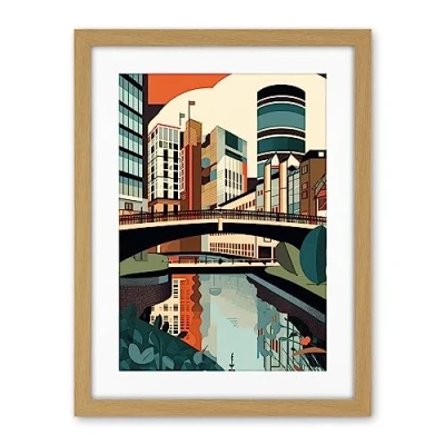 Image of Artery8 Birmingham City Centre Canal Geometric Cityscape Artwork Framed Wall Art Print 18X24 Inch
