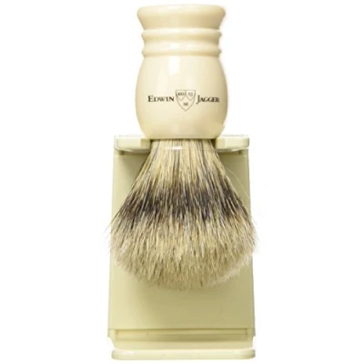 Image of Edwin Jagger 1EJ257SDS Traditional Imitation Ivory Super Badger Hair Exfoliating Shaving Brush with Drip Stand for Soap or Cream Men and Women (Medium)