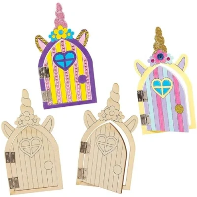 Image of Baker Ross Unicorn Wooden Fairy Doors Pack of 4, Wood Crafts for Children (FC390)