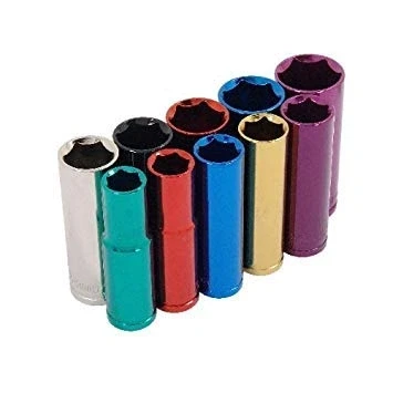 Image of 10 Piece Multi Coloured Long Socket Set, 1/2&quot; Drive + Wall Rail