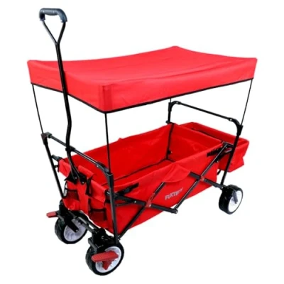 Image of FUXTEC folding wagon hand cart garden trolley carriage of children outdoor transport beach loose ground removable canopy pull handle 4 wheels rear bag cover CT350 red