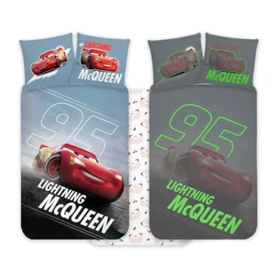 Image of Disney Cars McQueen Cot Size Bedlinen Set 100x140 cm &amp; Pillowcase 40x45 Glow in the Dark Duvet for Kids Reversible Bedding Boys Girls Soft Breathable, 100% Cotton