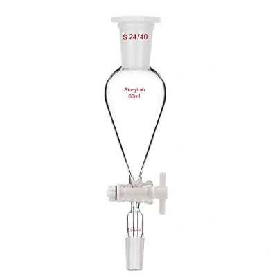 Image of stonylab Separatory Funnel with PTFE Stopcock, 60 ml Conical Pear Shaped Heavy Wall Borosilicate Glass Separating 24/40 Joints