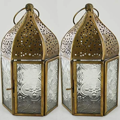 Image of Prezents.com Moroccan Style Lanterns Brass Antique LED Tea Light Candle Holders Set of Two