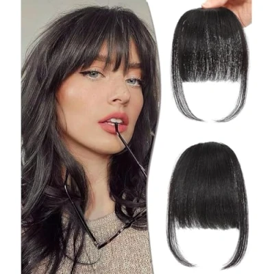Image of DYbeautyhair Clip in Fringe Bangs 100% Human Hair Extensions Natural Air With Temples Hairpieces Curved For Women Daily Wear (Brown Black, Neat Bangs)