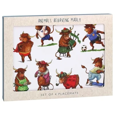 Image of Lesser &amp; Pavey Comic Farmyard Fun Illustrations Set of 4 Matching Placemats Sheep or Highland Cow Designs (Highland Cow)