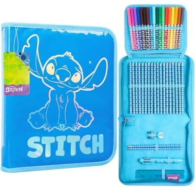 Image of Disney Stitch Pencil Case for Girls Filled with School Supplies, Large Capacity Frozen Colouring Stationery Set Kids Tweens, Gifts (Blue 1 Compartment)