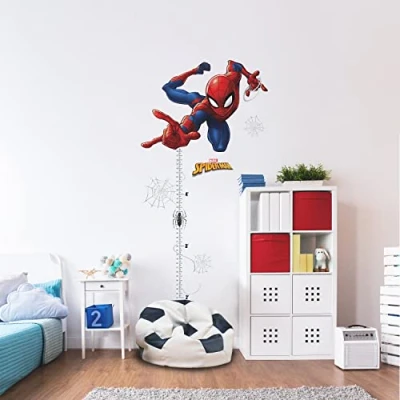 Image of ROOMMATES RMK5168GC Spider Man Giant Height Chart Peel and Stick Wall Stickers, Black, Red, Yellow, Orange, Blue, Grey