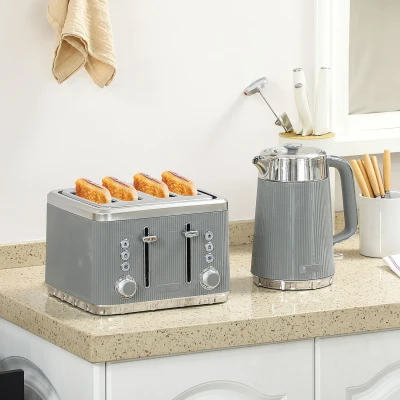 Image of 1.7L 3000W Rapid Boil Kettle and 4 Slice Toaster Set Crumb Tray Tan Homcom