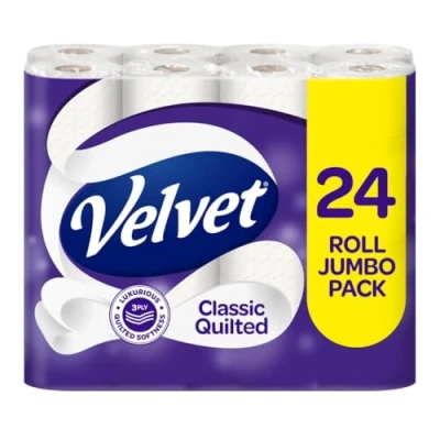 Image of Velvet Classic Quilted Toilet Tissue 24 Rolls Luxuriously Soft, Strong and Absorbent Roll Jumbo Bulk Pack 3 ply White