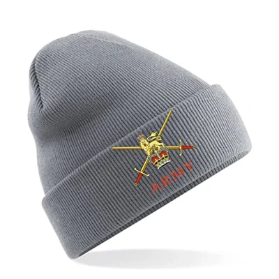 Image of PSave British Army Insignia Mens Premium Embroidered Beanie Hat, Bob Hat Military (Grey)