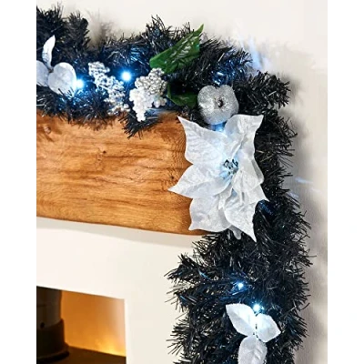 Image of WeRChristmas Decorated Pre Lit Multi Function Garland with 40 Cool White LED Lights, Black/Silver, 9 feet