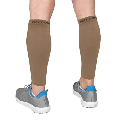 Image of Run Forever Calf Compression Sleeves for Men and Women Leg Sleeve Footless Socks runners, Beige, Medium