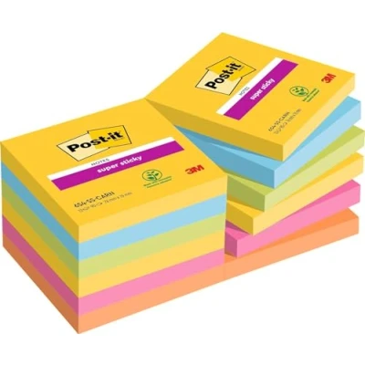 Image of Post it Super Sticky Notes, Double the Sticking Power, 12 Pads, 1080 Sheets, 76 mm x mm, Yellow, Blue, Orange, Pink, Yellow Colors Self Notes for Walls, Monitors and Fridge