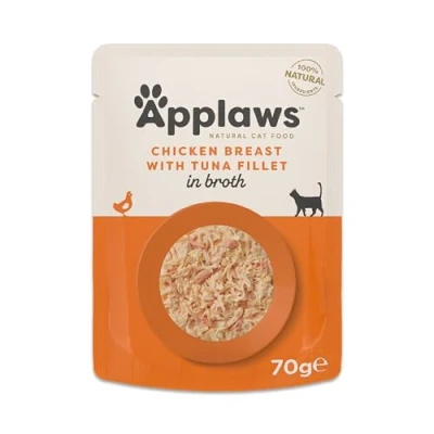 Image of Applaws 100% Natural Adult Wet Cat Food, Chicken Breast with Tuna Fillet in Broth 70g Pouch (12 x 70 g Pouches)