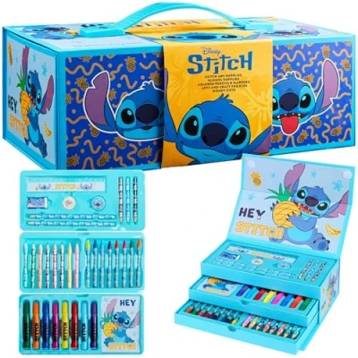 Image of Disney Stitch Kids Art Set, Colouring Pencils Pens Crayons Supplies in Box 30 Plus Pcs Gifts for Girls (Blue Stitch)