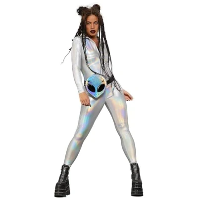 Image of Smiffys Fever Miss Whiplash Mirror Holographic Costume with Zip Up Catsuit, Fancy Dress, Dress Costumes