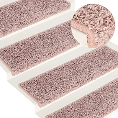Image of Susany Carpet Stair Treads Non Slip Rug Safety Resistant for Indoor Runner 15 pcs 65x25 cm White and Pink