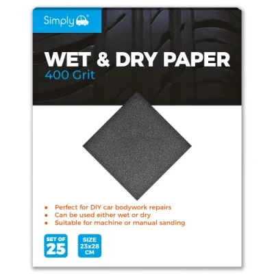Image of Simply WD0400 Wet &amp; Dry Polishing Paper 400 Grit, Pack of 25, 230mm x 280mm, Perfect for DIY Car Bodywork Repairs, Machine, Manual Sanding, Furniture and Home Improvement