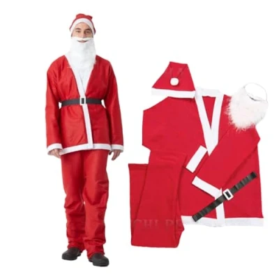 Image of SHATCHI 5Pcs Set Santa Claus Suit Adult Men Felt Cosplay Costume Outfit Fancy Dress Father Christmas Party Clothes, Unisex, Red/White