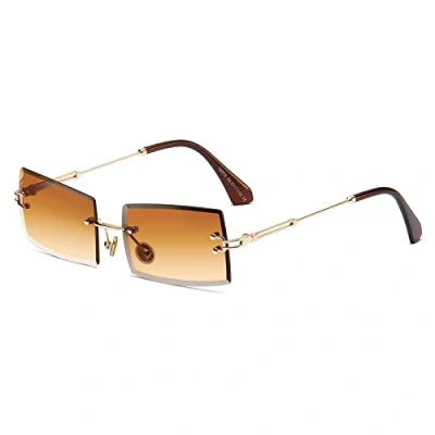 Image of SHENN KELLY Retro Rimless Rectangle Sunglasses For Women Men Brown Ultra Lightweight Metal Frame Eyewear Cute Fashionable Design