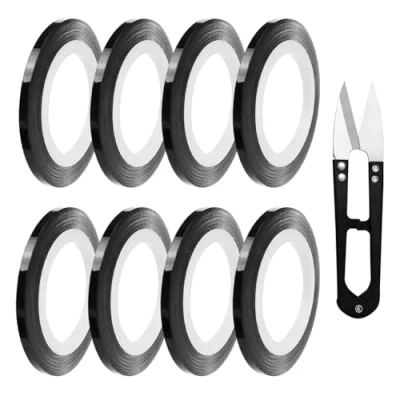 Image of 8 Rolls of 3Mm Graphic Art Tape, 1 Pair Scissors, Black Fine Line Self Adhesive Whiteboard Tape