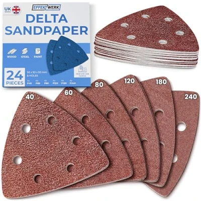 Image of EffektWerk Delta Sandpapers (24 PK, 6 Holes) 93mm Triangular Sanding Pads for Mouse Sanders Self Adhesive w/Hook &amp; Loop Closure Fine Coarse w/ 40, 60, 80, 120, 180, 240 Grits