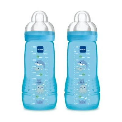Image of MAM Coloured 2nd Age 330ml Bottle 6 Months Debit Teat (Pack of 2)