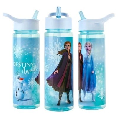 Image of Disney Frozen Sparkle Water Bottle Flip Up Straw 600ml Official Merchandise Kids Reusable Non Spill BPA Free Recyclable Plastic Ideal For School Nursery Sports Picnic