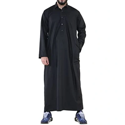Image of TruClothing Mens Thobe Jubba Turn Down Collar Islamic Muslim Cotton Kaftan Dress Robe Arabic Black XL 58