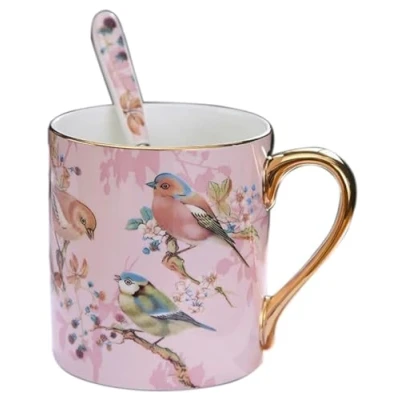 Image of YBK Tech Bone China Porcelain Tea Cup, 12oz Coffee Mug for Home Kitchen Office Birds Pattern (Pink)