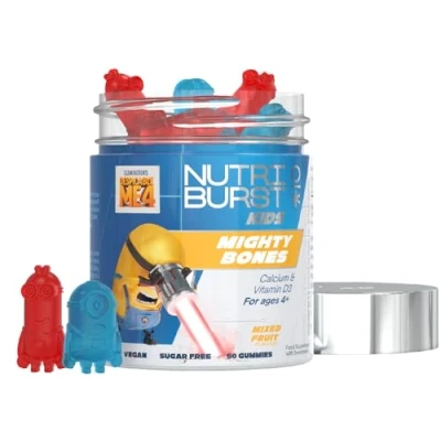 Image of Nutriburst Minions Mighty Bones Vitamins for Kids Chewable Vitamin D3 + Calcium Gummies Healthy Bone Development Vegan Sugar Free Fruity Flavour 60