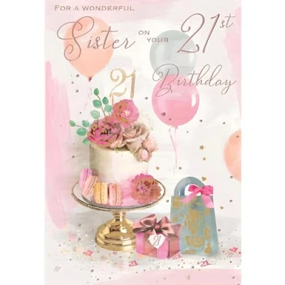 Image of Sister 21st Birthday Card Age 21 Flowers and Balloons Artistic Floral Design Special Finishes Illustrated Insert Leaf Made in the UK Eco Friendly