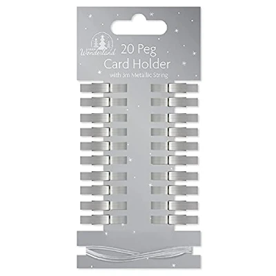 Image of SKYTE® 20 x Christmas Xmas Card Holder Mini Wooden Pegs With 2m Metallic String Festive Colours Decoration (Silver)