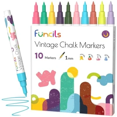 Image of Funcils Vintage Liquid Chalk Pens for Chalkboard Signs, Blackboard, Window, Labels, Bistro, Glass, Car (10 Pack, 1mm) Wet Wipe Erasable Ink Board Markers, Extra Fine Tip Markers