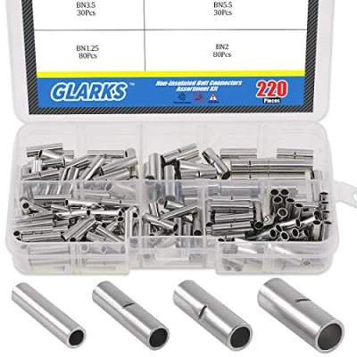 Image of Glarks 220Pcs Non Insulated Butt Connectors Assortment Kit, 22 16/16 14/14 12/12 10 AWG Gauge Seamless Uninsulated Electrical Wire Ferrule Cable Crimp Terminal Kit for Splice DIY